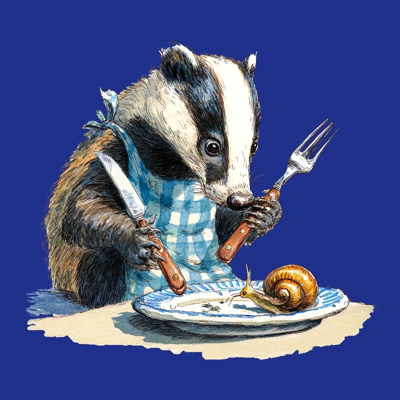 Blaireau à table avec un escargot