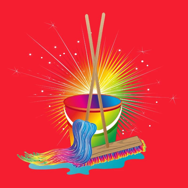 Wischmop,Besen und Eimer in Regenbogenfarben