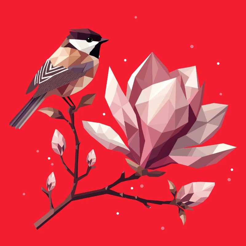 Oiseau sur branche de magnolia – Composition harmonique