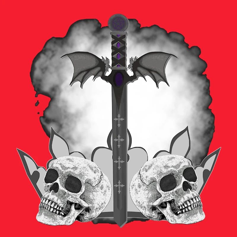 Menschenschädel, Schwerter, Dämonenflügel, vanitas