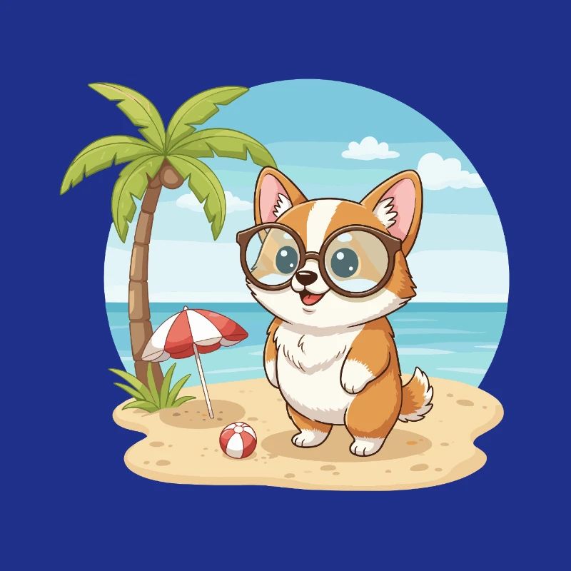 Cute Corgi with Glasses Beach Summer Vacation