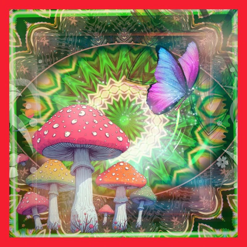 Psychedelic Mushrooms and Butterfly Neon Forest