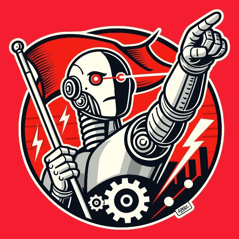 Robot avec drapeau et bras tendu