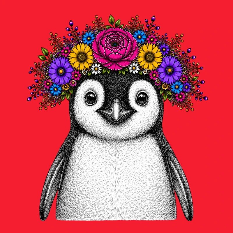 Pingouin avec couronne de fleurs