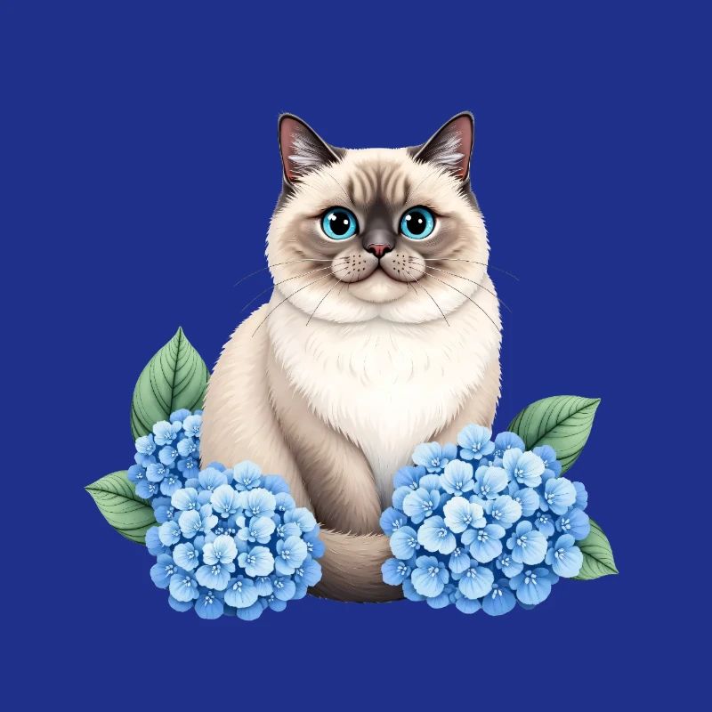 Cute Ragdoll Cat with Blue Hydrangeas