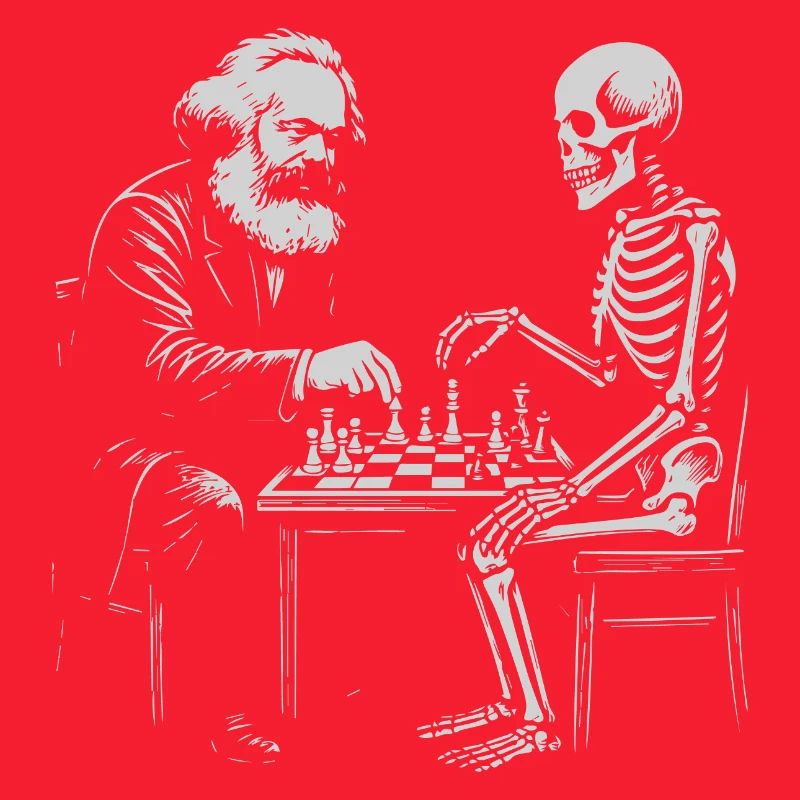 Karl Marx plays chess with skeleton
