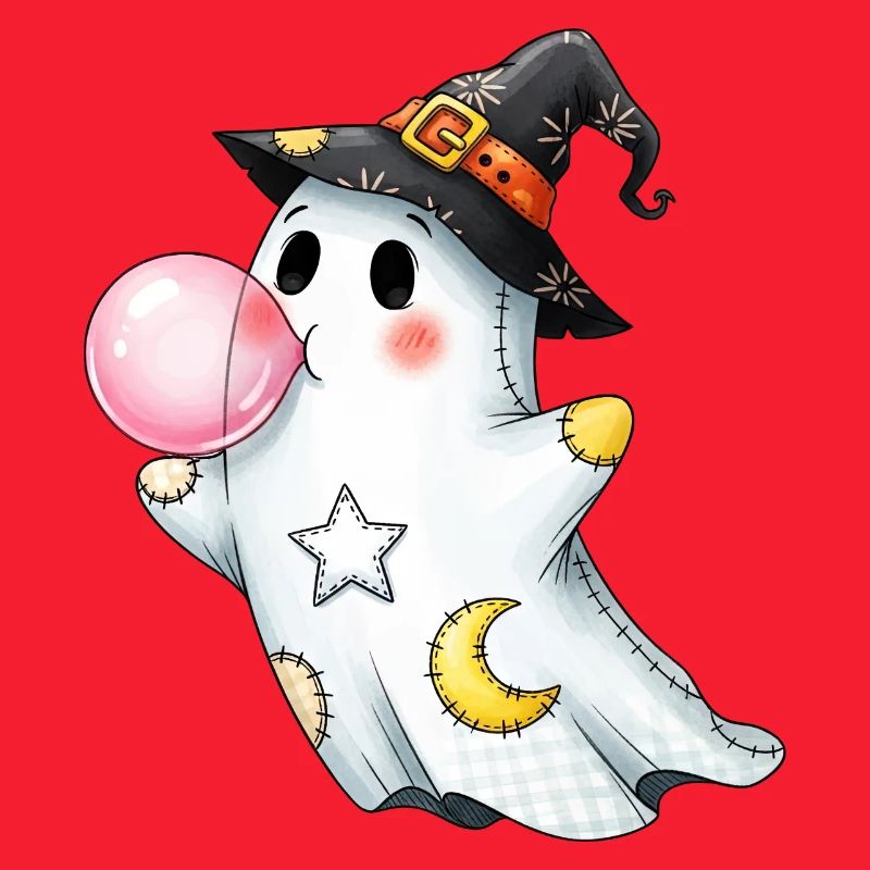 Patchwork cartoon ghost with bubble gum bubble