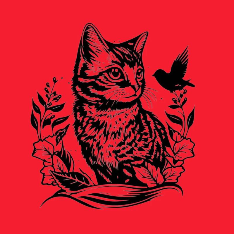 Cat Forest Line Drawing with Bird