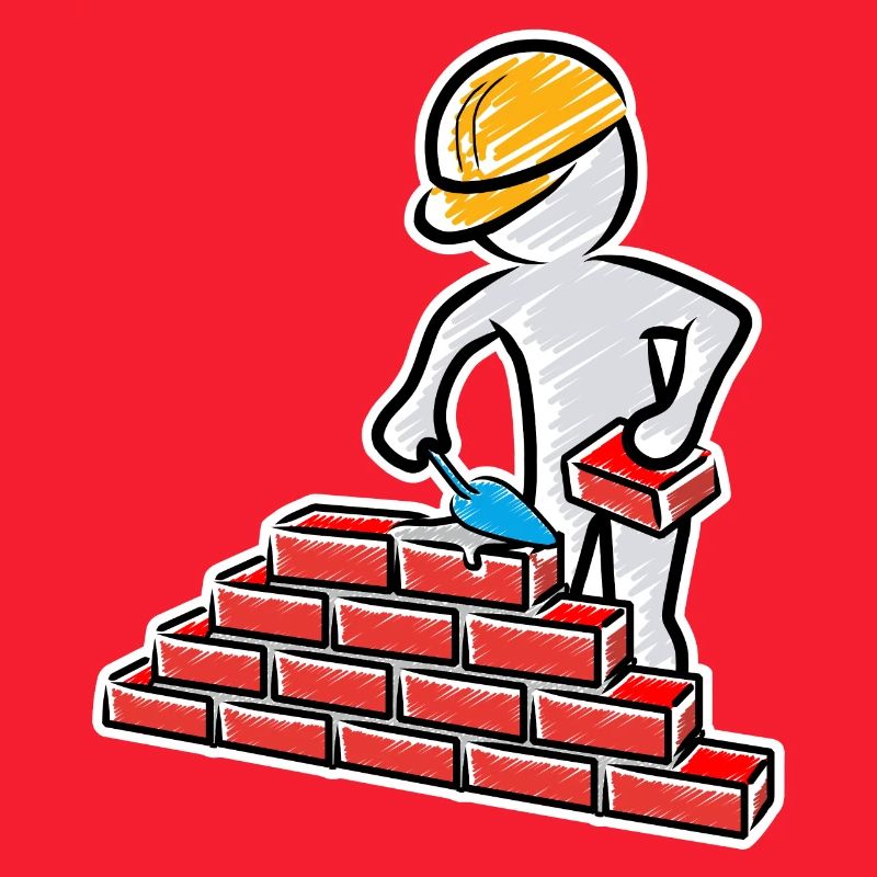 Construction worker with trowel, mortar and wall