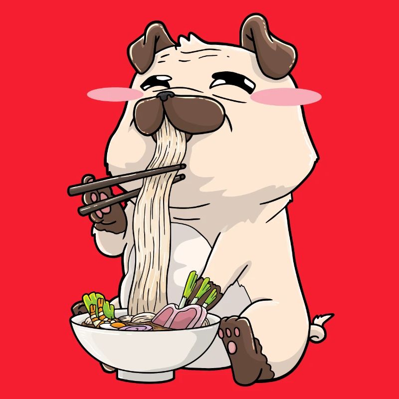 Pug eats ramen