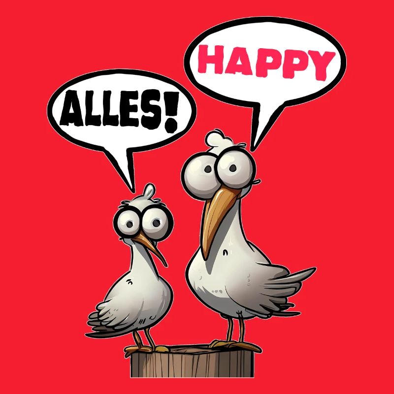 Humorous seagulls with speech bubbles everything happy