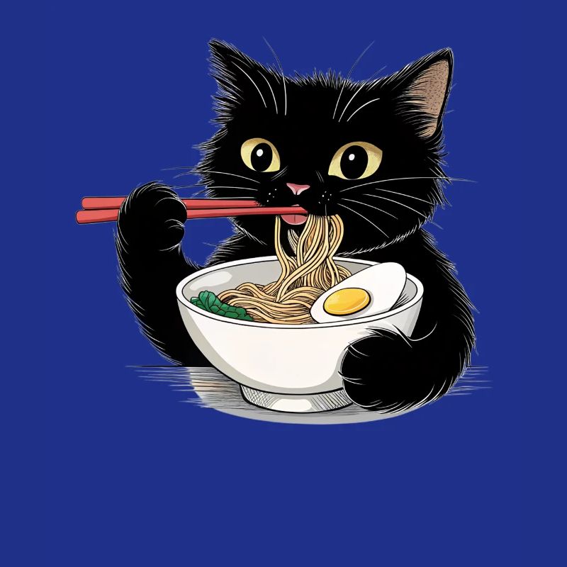 Chat noir mangeant des nouilles ramen