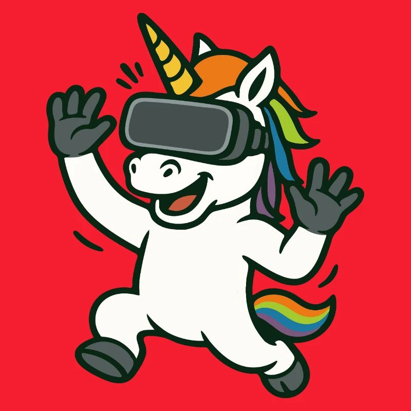 VR-Einhorn-Maskottchen mit Regenbogendetails