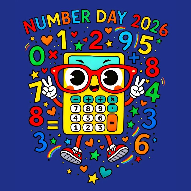Nummer-Tag 2026 Cheerful Calculator Maskottchen