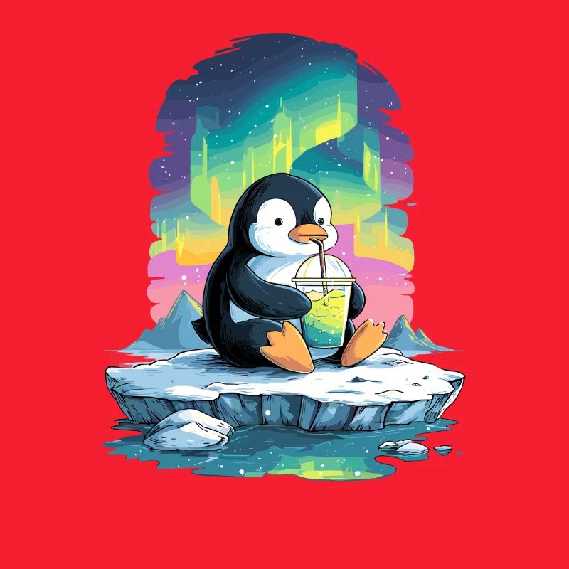 Pinguin am Eis mit Neon-Aurora