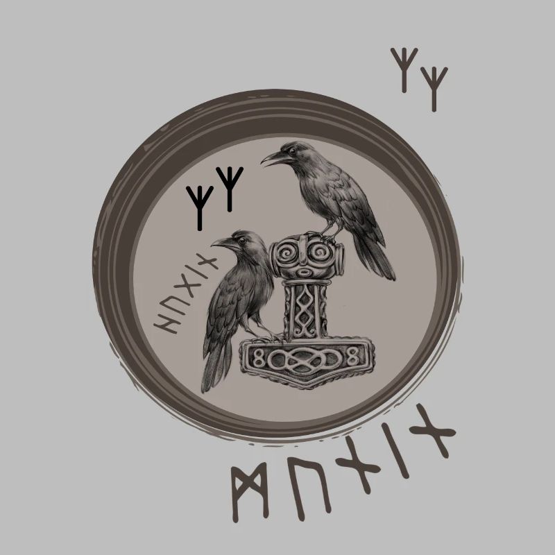 Thor Hammer Mjölnir with Odin Ravens Hugin and Munin