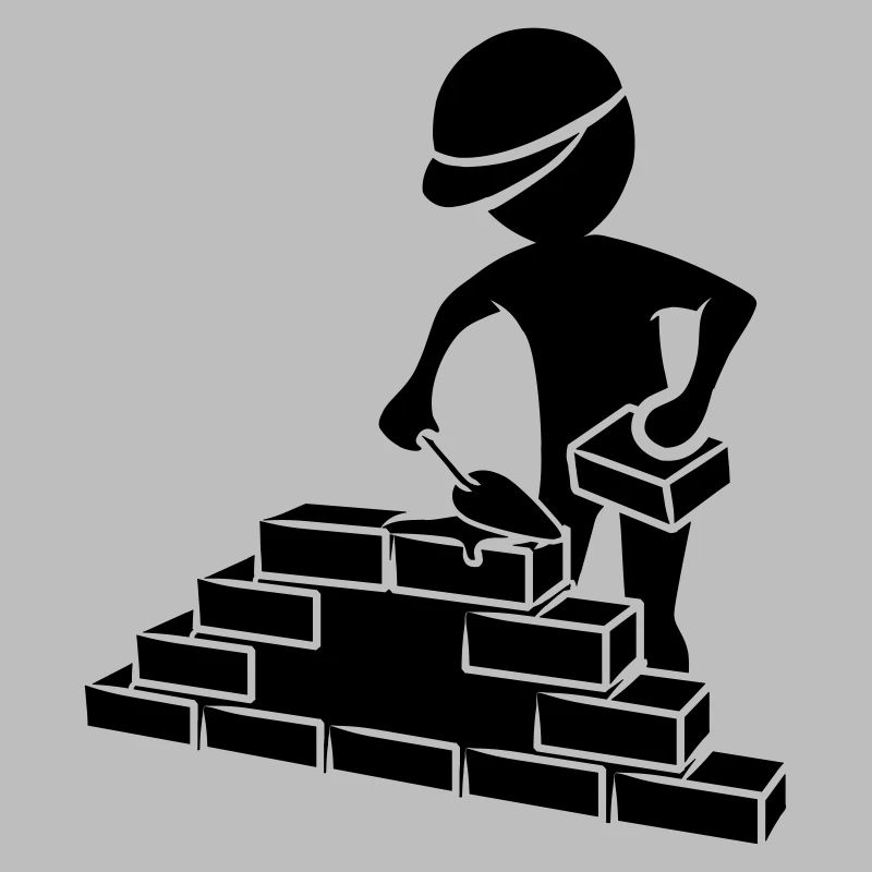 Construction workers with mason trowel, mortar and wall