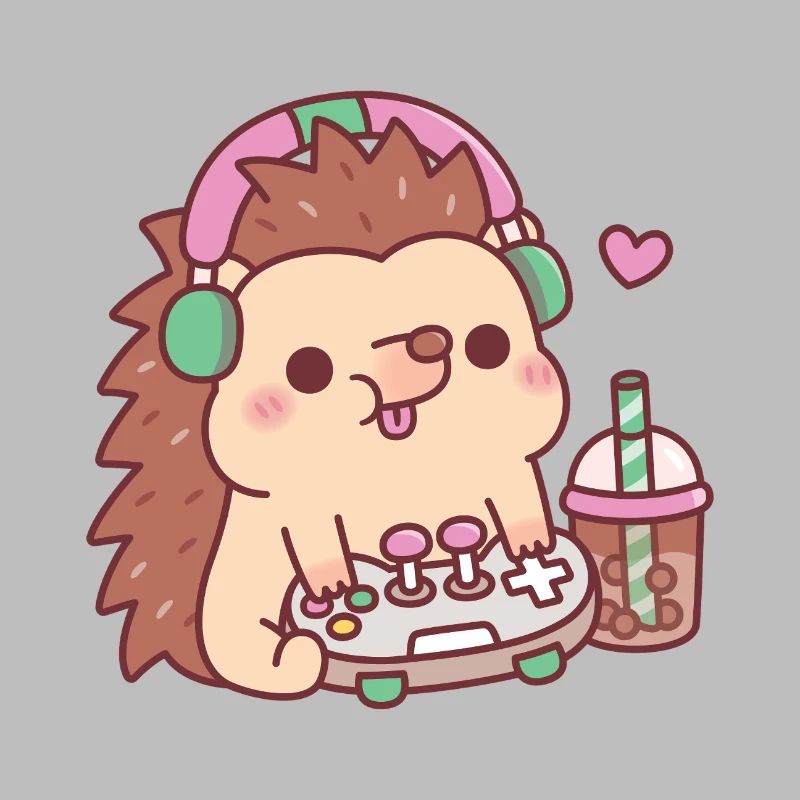Cute Hedgehog With Game Controller And Boba Tea