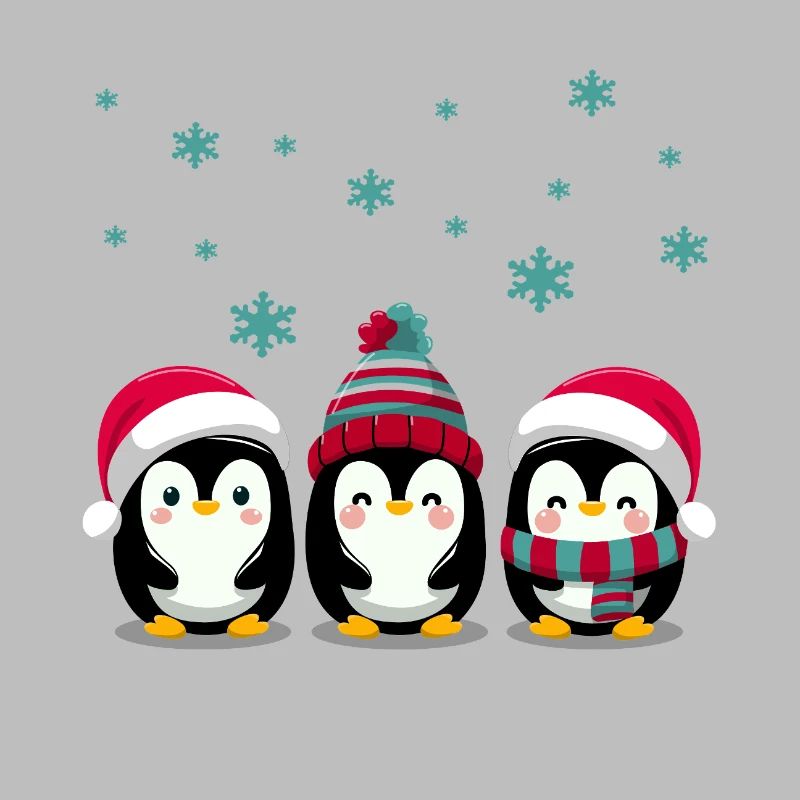 Three penguins with Christmas hats
