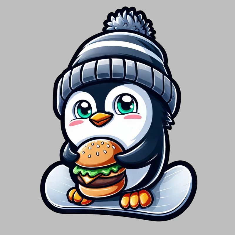 Pinguin Snowboard Cheeseburger Spaß