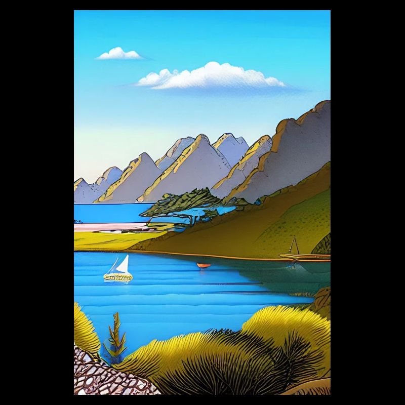 Landschaft mit See, Boot und Berge