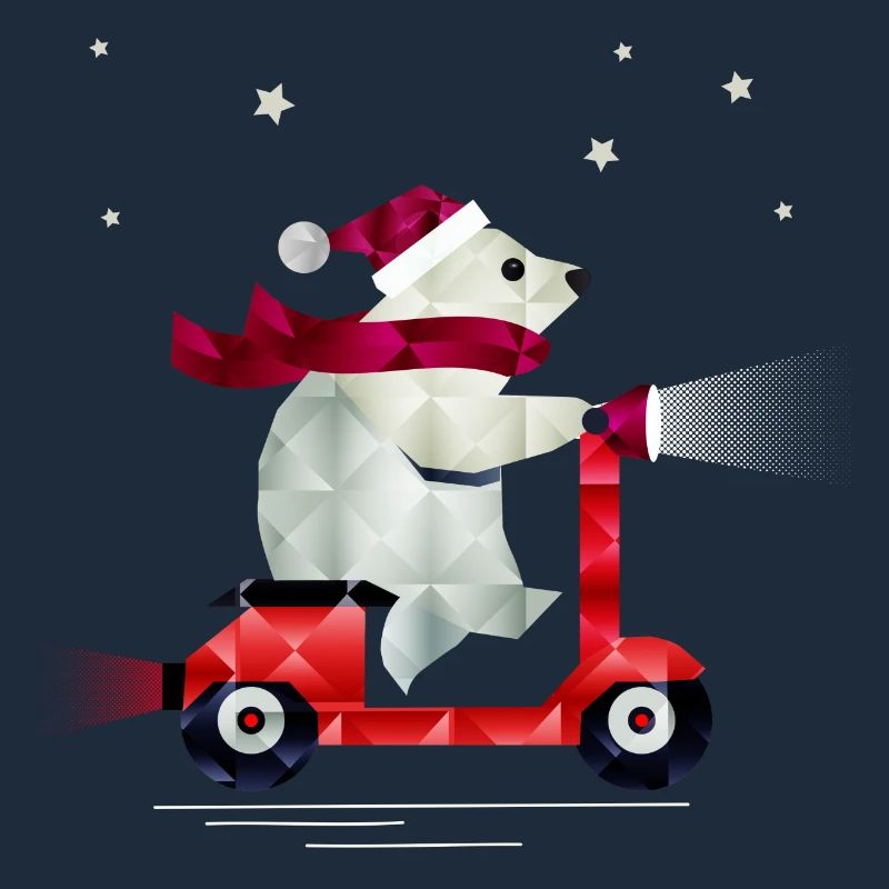 Eisbär im Weihnachtsoutfit auf einem Roller