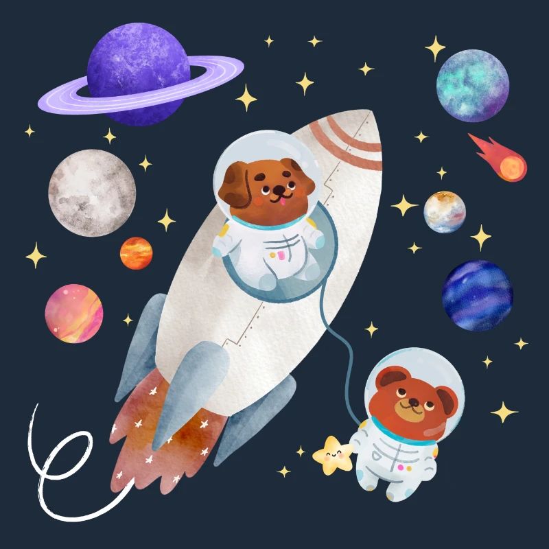 Dog and teddy bear explore space