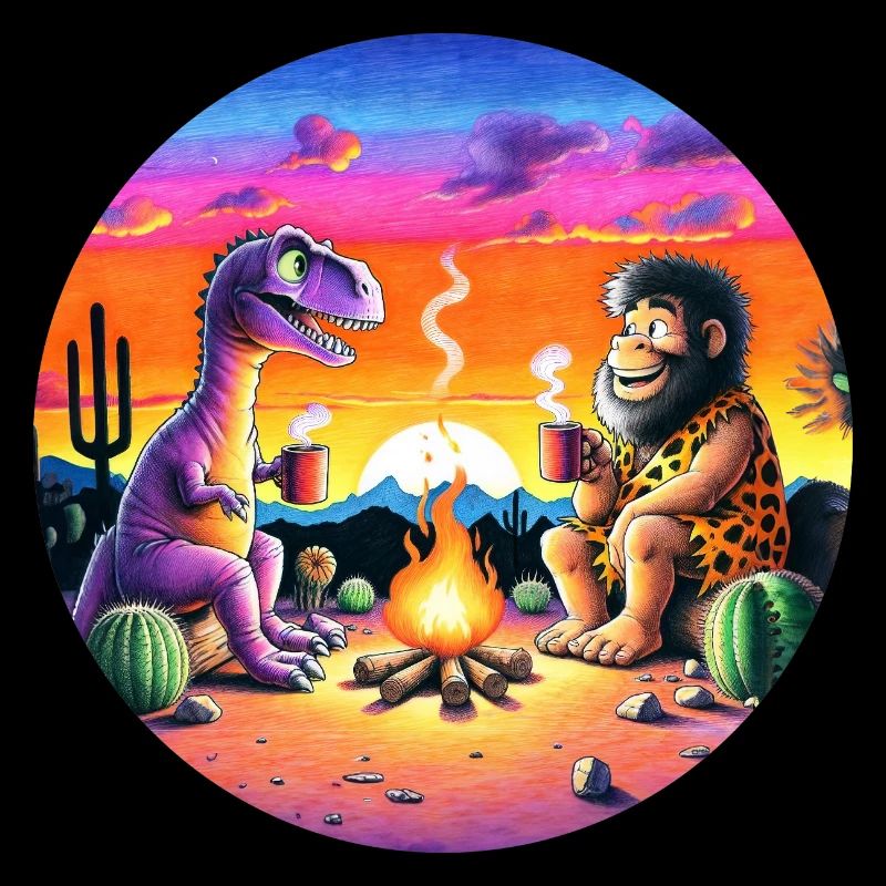 Illustration de rencontre préhistorique autour d’un feu de camp