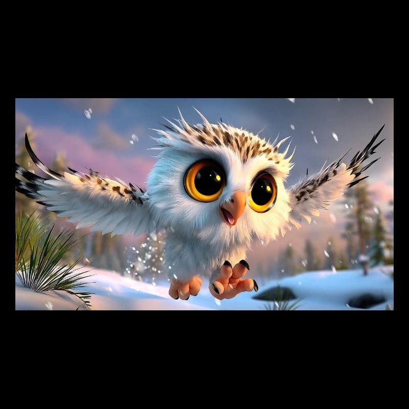 Flauschige Schnee-Eule mit Kulleraugen im Flug