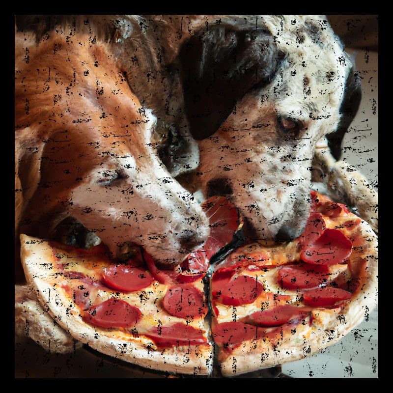 Deux chiens mangeant de la pizza salami