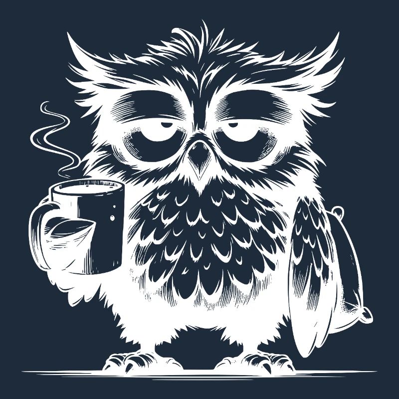 Lustige müde Comic Eule mit Kaffee Defizit