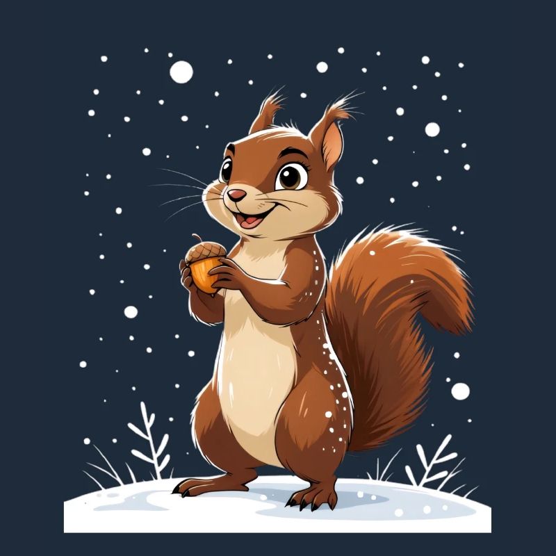 Winterliches Eichhörnchen mit Eichel