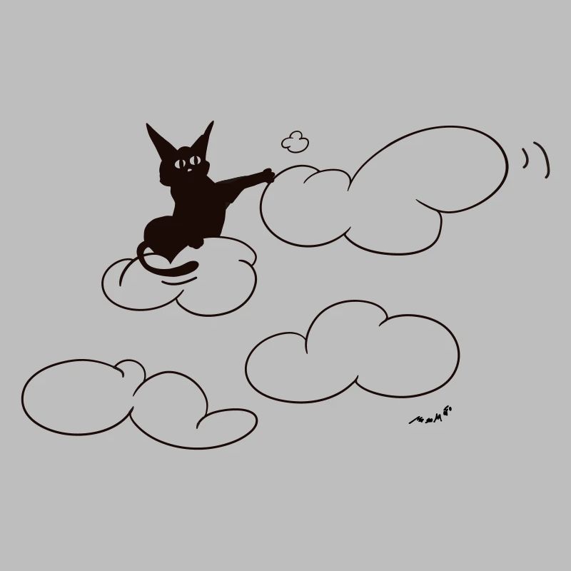 A cute black kitty poking a fluffy cloud. Comical.