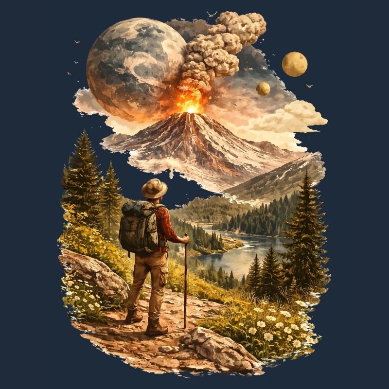 Des randonneurs devant un volcan en éruption et un monde étrange