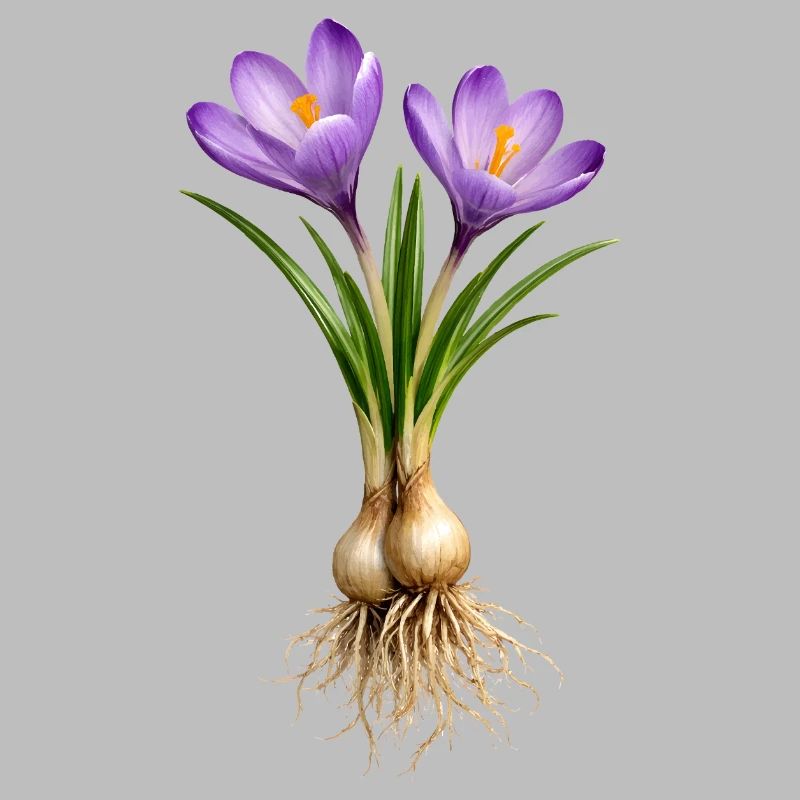 Crocuses with bulbs and roots