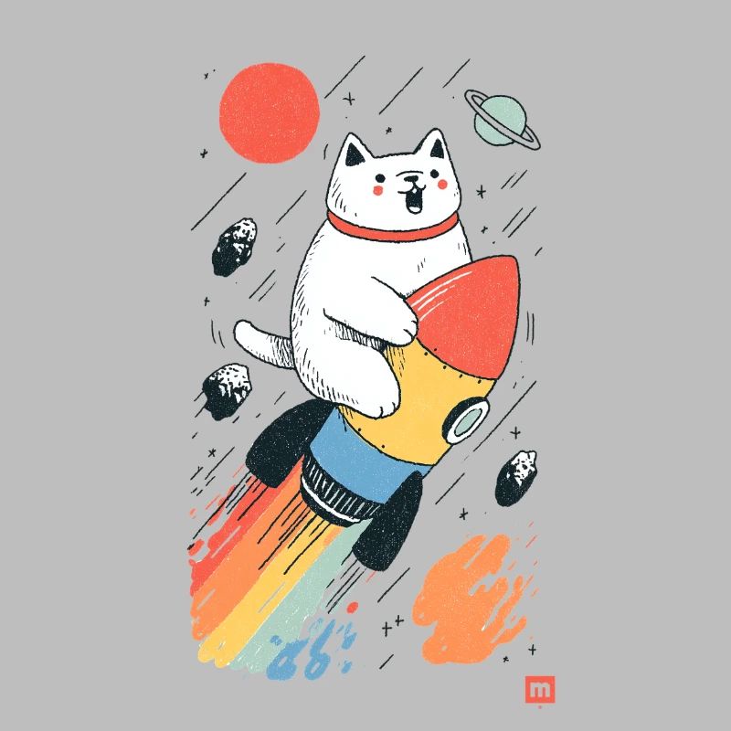 Chat sur fusée dans l’espace coloré