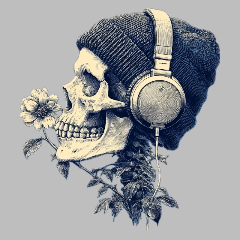 Crâne avec casque et fleurs