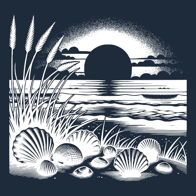 Shells and grass beach motif with sunset
