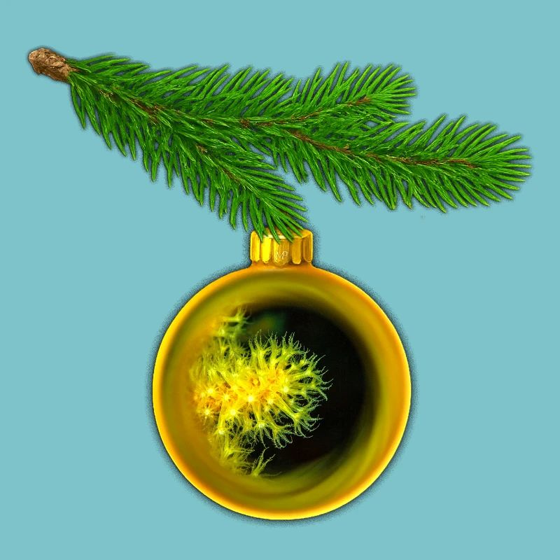 Weihnachtskugel mit Krustenanemonen am Tannenzweig