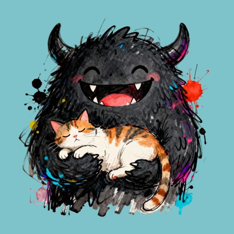 Monstre rieur câlin avec un chat dans les bras