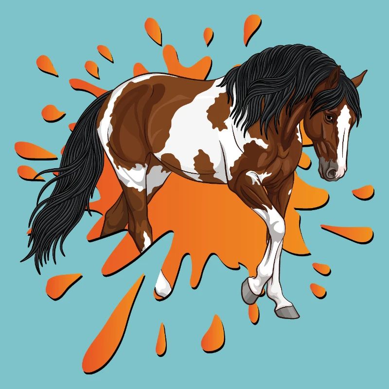 Un cheval pie devant une tache d'encre orange