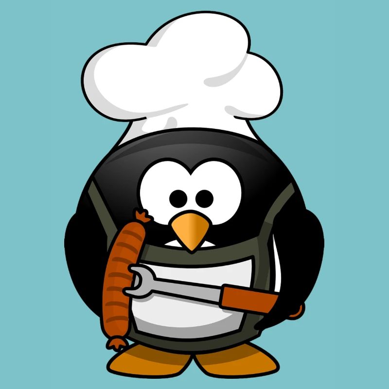 Kochender Pinguin mit Bratwurst. Geschenkidee