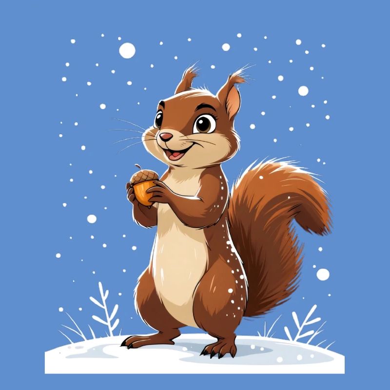 Winterliches Eichhörnchen mit Eichel