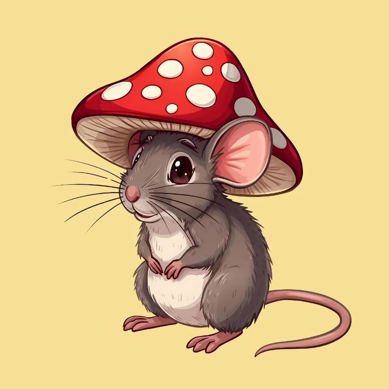 Little Mouse with Toadstool Hat Cute Forest Motif