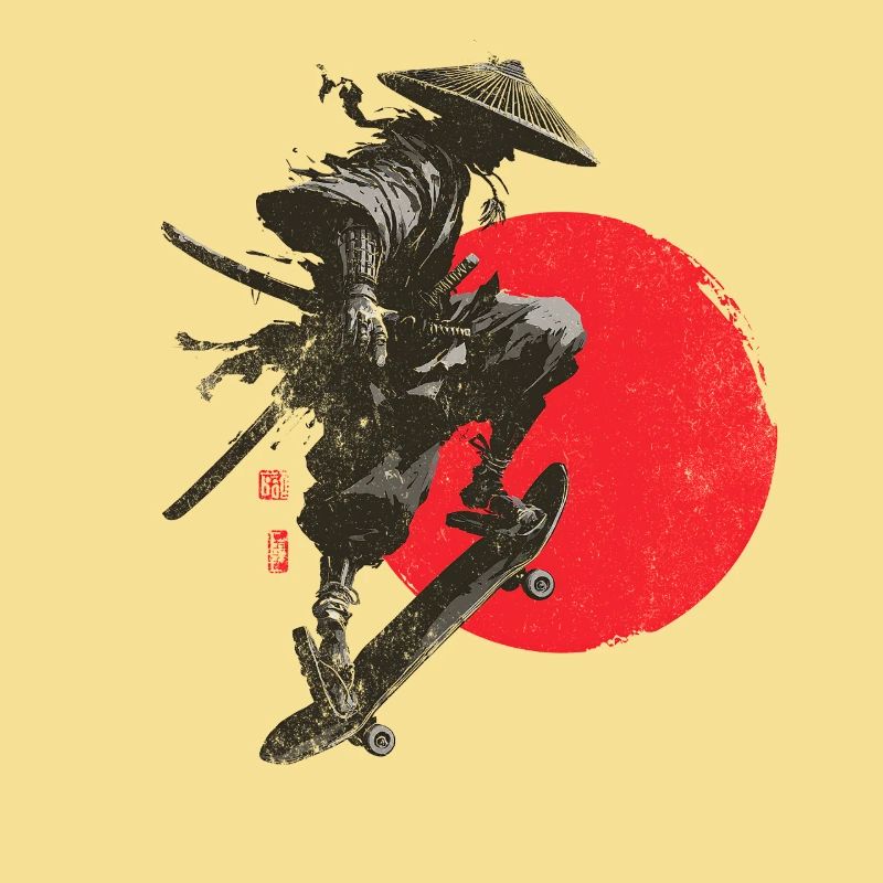 Silhouette eines Samurai-Skaters mit roter Sonne