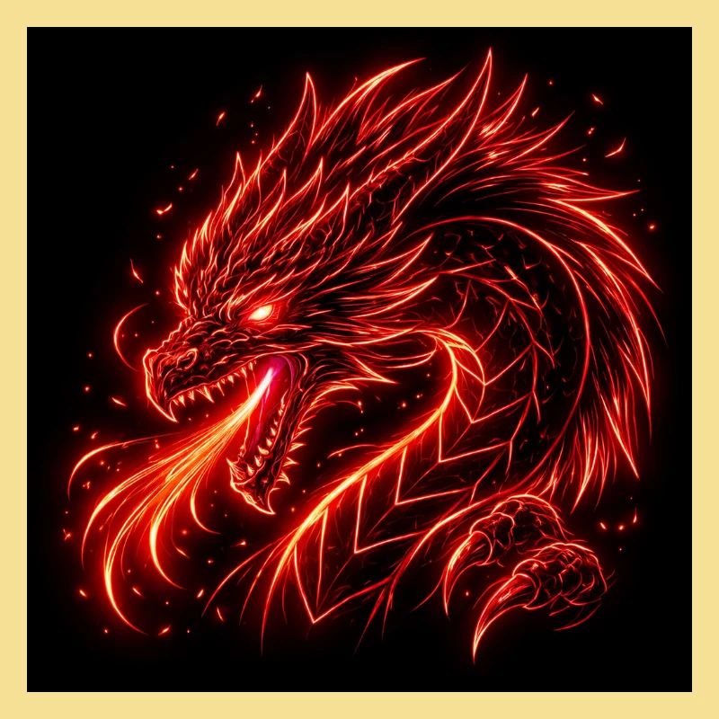 Neon dragon in red fire