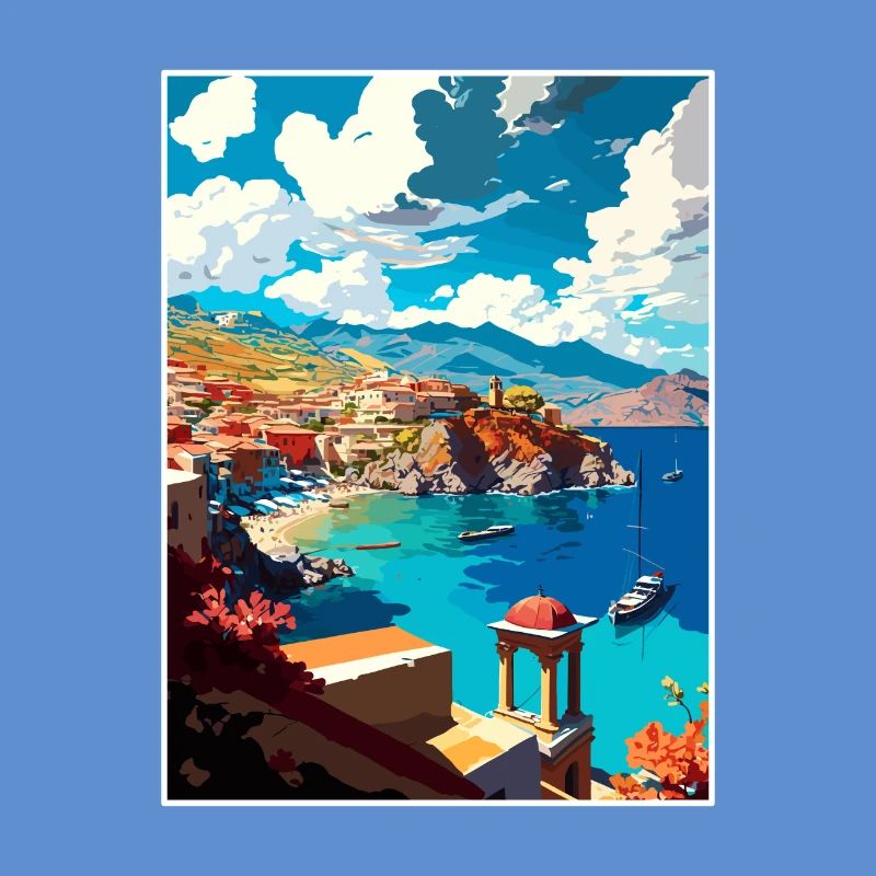village côtier Crète Grèce Illustration Scène