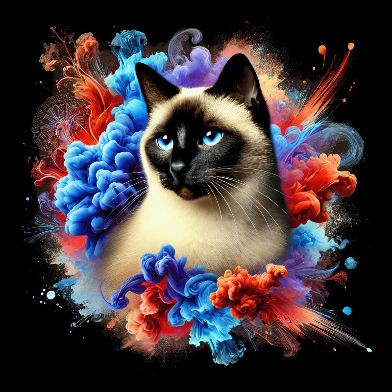 Bunte Siam Katze mit Farbspritzern