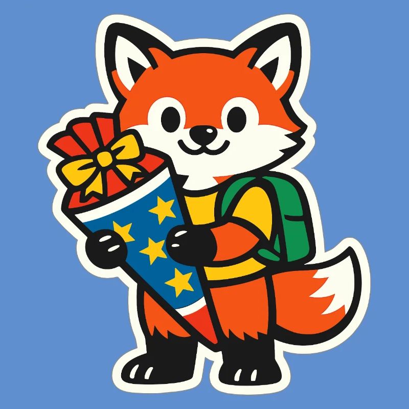 Fuchs mit Geschenk und Rucksack Einschulung