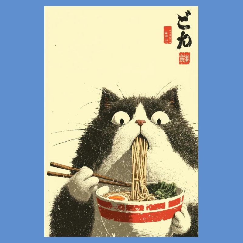 Chat surpris mangeant des ramen
